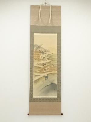 南山筆　農村風景　肉筆絹本掛軸